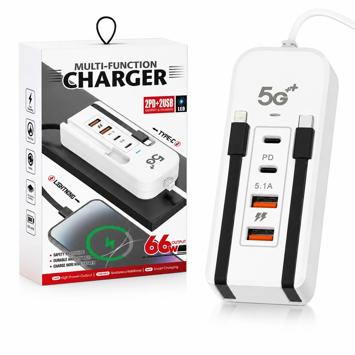 ALARGUE 2 USB + 2 TIPO C + CABLE DE IPHONE Y TIPO C - RAPIDO