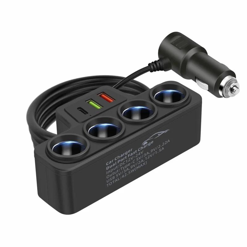 ADAPTADOR MULTIPLICADOR DE ENCENDEDOR PARA AUTO 4 TOMAS + PUERTOS USB / TYPE C CARGA RÁPIDA